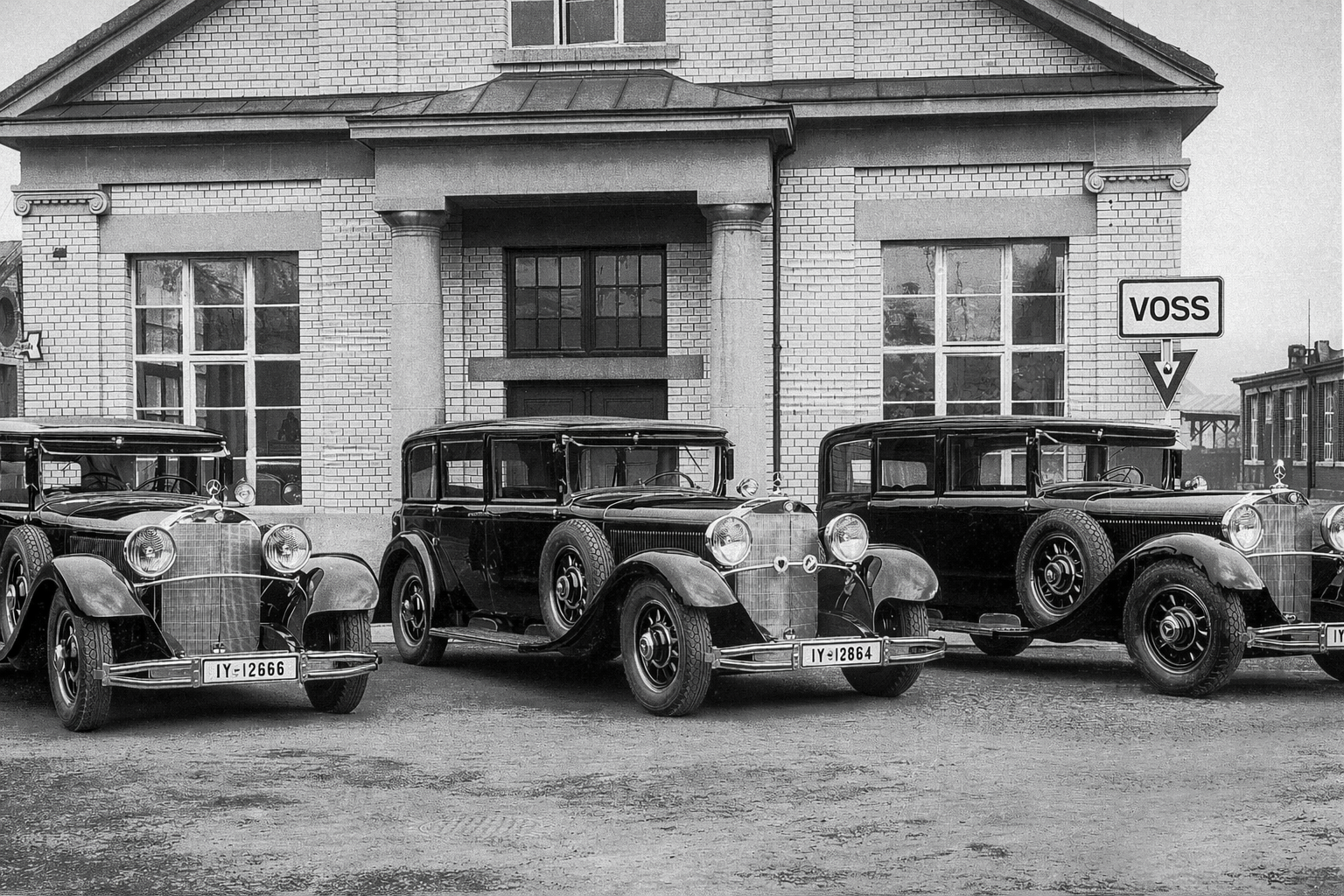 Frühe VOSS Fahrzeuge vor dem Haus